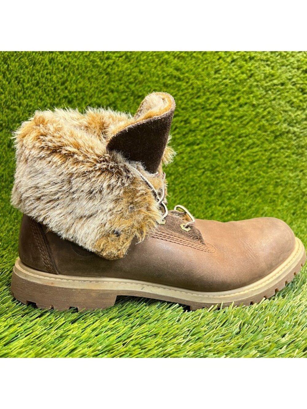 Timberland Authentics Womens Size 10 Brown Waterproof Faux Fur Fold Down Boots